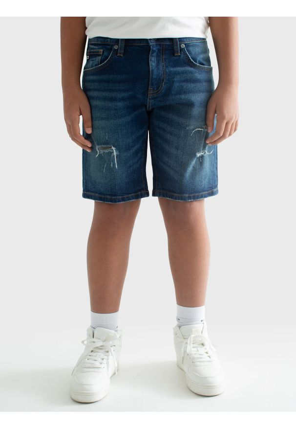 Big-Star - Szorty chłopięce jeansowe z przetarciami granatowe Matt 561. Okazja: na uczelnię. Kolor: niebieski. Materiał: jeans. Sezon: lato