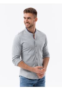 Ombre Clothing - Bawełniana męska koszula SLIM FIT ze stójką w kolorowe paski – szara V5 - Rozmiar: M. Okazja: na co dzień. Typ kołnierza: kołnierzyk stójkowy. Kolor: czarny. Materiał: bawełna. Długość: długie. Wzór: kolorowy, paski. Styl: casual