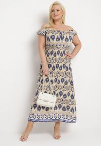 Born2be - Beżowo-Niebieska Sukienka Bawełniana z Gumką w Talii i Mozaikowym Wzorem Vestra. Kolor: beżowy. Materiał: bawełna. Sezon: lato