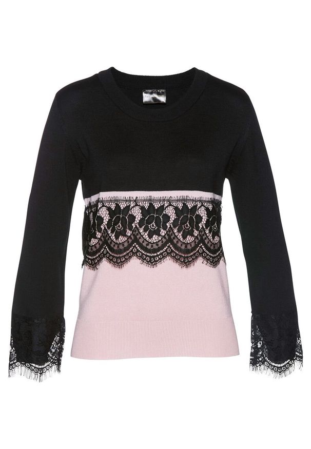 Sweter z koronkową wstawką bonprix czarno-pudrowy jasnoróżowy. Kolor: czarny. Materiał: materiał, wiskoza, poliamid