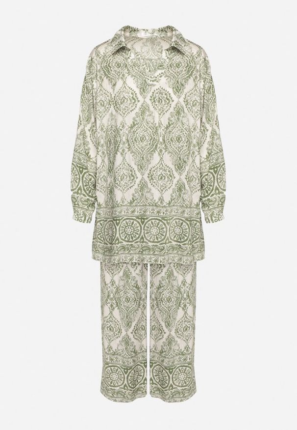 Born2be - Zielony Komplet Oversize z Wiskozą w Etniczny Wzór Szerokie Spodnie i Koszula Nilamiella. Kolor: zielony. Materiał: wiskoza