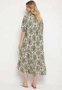 Born2be - Ciemnozielona Sukienka z Bawełną w Abstrakcyjny Wzór Filindela. Okazja: na spacer, na co dzień. Kolor: zielony. Materiał: bawełna. Wzór: aplikacja. Styl: elegancki, casual, klasyczny #6