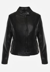 Renee - Czarna Kurtka Ramoneska o Klasycznym Kroju ze Stójką Leaniore. Typ kołnierza: kołnierzyk stójkowy. Kolor: czarny. Materiał: jeans, skóra, poliester. Wzór: aplikacja. Styl: klasyczny #7