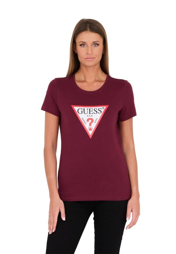 Guess - GUESS Bordowy damski t-shirt bawełniany Original Tee, Rozmiar S. Kolor: czerwony. Materiał: bawełna