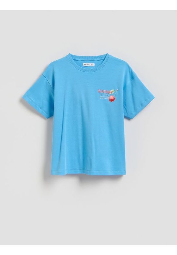 Reserved - Bawełniany t-shirt z aplikacją - niebieski. Kolor: niebieski. Materiał: bawełna. Wzór: aplikacja