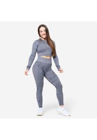 DOMYOS - Koszulka fitness damska Domyos długi rękaw. Kolor: szary. Materiał: materiał, poliamid, poliester, elastan. Długość rękawa: długi rękaw. Długość: długie. Sport: fitness