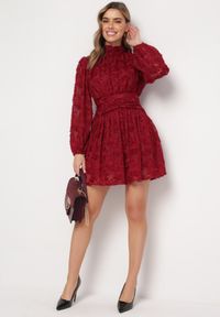 Born2be - Bordowa Rozkloszowana Sukienka Koronkowa Mini Alatalo. Kolor: czerwony. Materiał: koronka. Długość: mini #3