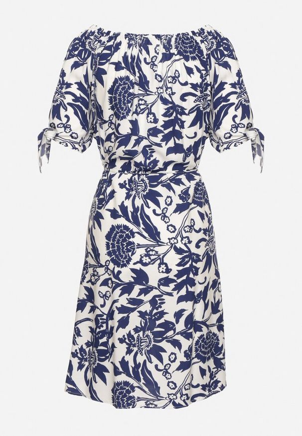 Born2be - Niebieska Bawełniana Sukienka w Ornamentalne Rośliny z Wiązaniem Przy Rękawach Tosvena. Okazja: na co dzień, na spacer, na imprezę. Kolor: niebieski. Materiał: bawełna. Styl: casual, elegancki