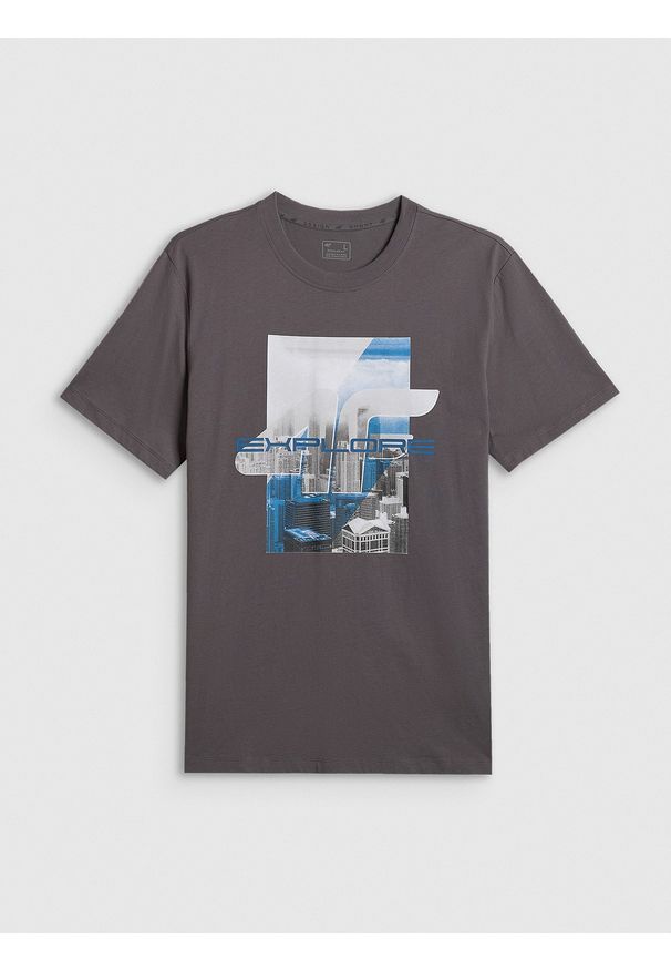 4f - 4F T-shirt regular z nadrukiem męski - szary M. Okazja: na co dzień. Kolor: szary. Materiał: dzianina, bawełna, materiał. Wzór: nadruk. Styl: klasyczny, casual