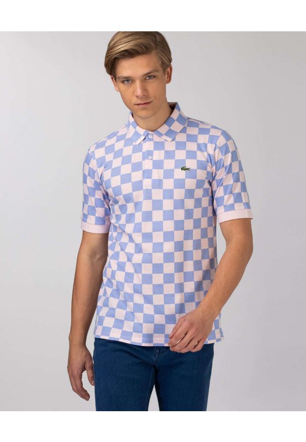 Lacoste - LACOSTE - Koszulka polo w kratę Regular Fit. Typ kołnierza: polo. Kolor: biały. Materiał: bawełna, prążkowany. Wzór: aplikacja, nadruk. Styl: klasyczny