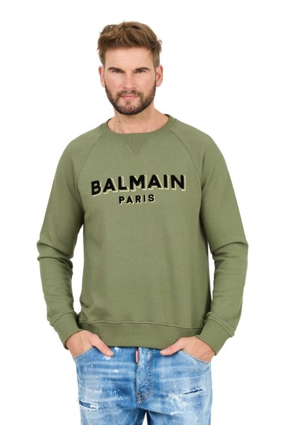 Balmain - BALMAIN Zielona męska bluza Flock&foil Sweatshirt, Rozmiar M. Kolor: zielony