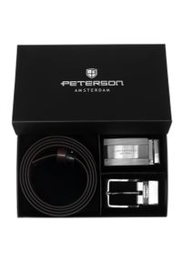 Zestaw prezentowy: dwustronny pasek skórzany w brązowym i czarnym kolorze Peterson PTN KL-B007S001. Kolor: czarny, wielokolorowy, brązowy. Materiał: skóra. Styl: elegancki #1