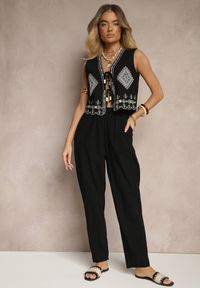 Renee - Czarne Spodnie z Bawełny High Waist Sonirea. Okazja: na co dzień. Stan: podwyższony. Kolor: czarny. Materiał: bawełna. Styl: casual
