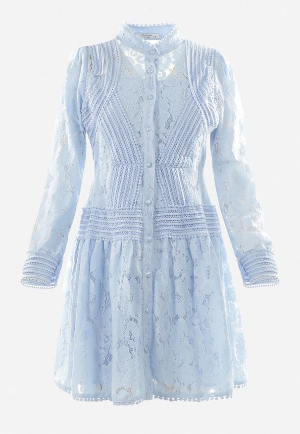 Born2be - Niebieska Koszulowa Sukienka z Koronką Jolley. Kolor: niebieski. Materiał: koronka. Długość rękawa: długi rękaw. Wzór: koronka. Typ sukienki: koszulowe. Długość: mini