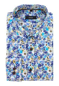 Biała koszula w niebiesko-żółte kwiaty Mmer E109. Kolor: biały, niebieski, żółty, wielokolorowy. Materiał: poliester, tkanina, bawełna. Długość: długie. Wzór: kwiaty #4