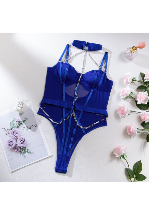 Intica - Body z łańcuszkiem eleganckie na wyjątkowe okazje Folline. Kolor: niebieski. Materiał: materiał