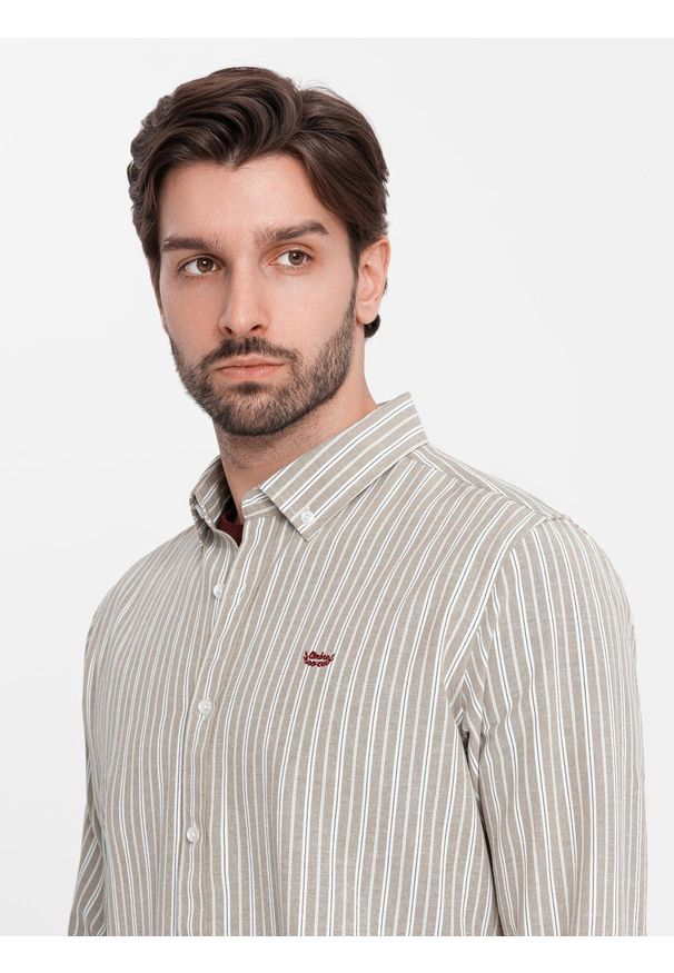 Ombre Clothing - Bawełniana koszula męska REGULAR FIT w drobne paski – beżowa V1 - Rozmiar: L. Kolor: beżowy. Materiał: bawełna. Wzór: paski. Styl: klasyczny