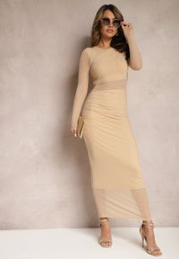 Renee - Beżowa Siateczkowa Sukienka Maxi o Dopasowanym Kroju Kremse. Okazja: na imprezę. Kolor: beżowy. Materiał: materiał. Typ sukienki: dopasowane. Styl: elegancki. Długość: maxi #5
