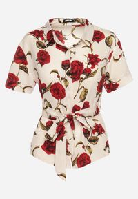 Born2be - Bordowa Koszula w Kwiaty z Wiązaniem w Talii Bromelia. Kolor: czerwony. Materiał: jeans. Wzór: kwiaty. Sezon: wiosna. Styl: elegancki
