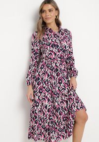 Born2be - Fuksjowa Koszulowa Sukienka Midi z Wiązanym Paskiem Evalyn. Kolor: różowy. Materiał: materiał. Długość rękawa: długi rękaw. Typ sukienki: koszulowe. Długość: midi #4