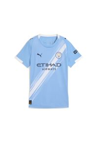 Puma - Damska koszulka domowa Manchester City 25/26 PUMA Team Light Blue White. Kolor: biały, wielokolorowy, niebieski. Wzór: aplikacja, paski