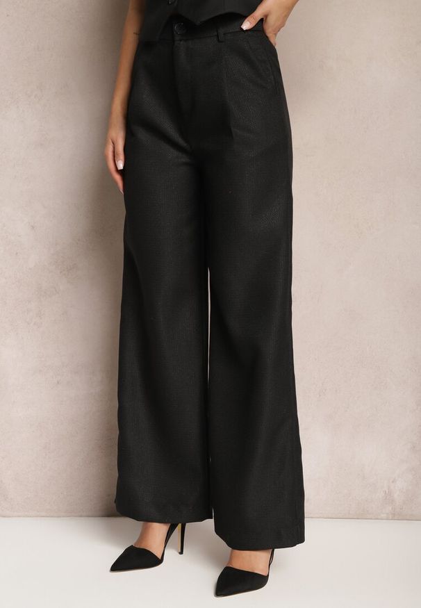 Renee - Czarne Szerokie Spodnie High Waist Obszyte Metaliczną Nicią Silvaine. Stan: podwyższony. Kolor: czarny. Styl: klasyczny, elegancki