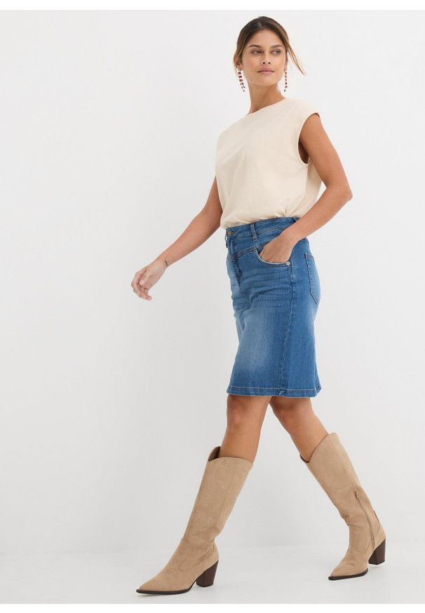 bonprix - Spódnica dżinsowa ze stretchem. Kolor: niebieski