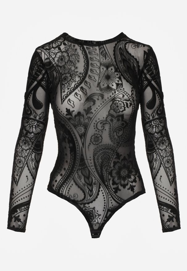 Renee - Czarne Body z Siateczki Vonegno. Kolor: czarny. Materiał: wiskoza, welur, jeans. Wzór: aplikacja