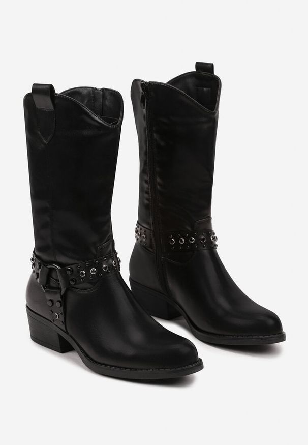 Renee - Czarne Botki Bikery na Płaskiej Podeszwie w Stylu Kowbojek Arsila. Okazja: na co dzień. Zapięcie: zamek. Kolor: czarny. Materiał: dzianina, skóra, jeans. Obcas: na płaskiej podeszwie. Styl: klasyczny, casual