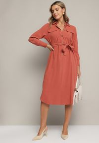 Born2be - Pomarańczowa Bawełniana Sukienka Koszulowa z Wiązanym Paskiem Zintrona. Okazja: na co dzień. Kolor: pomarańczowy. Materiał: bawełna. Typ sukienki: koszulowe. Styl: casual #5