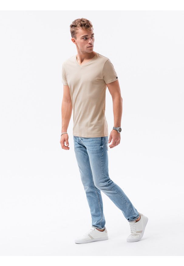 Ombre Clothing - T-shirt męski bawełniany BASIC S1369 - ciepłoszara - XXL. Typ kołnierza: dekolt w serek. Kolor: szary. Materiał: bawełna. Długość: krótkie. Styl: klasyczny