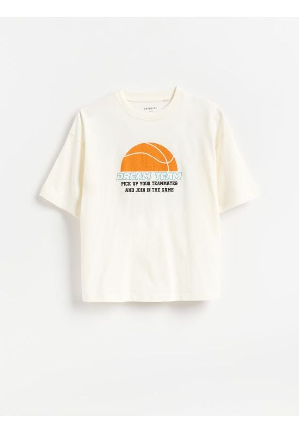 Reserved - Bawełniany t-shirt - złamana biel. Materiał: bawełna