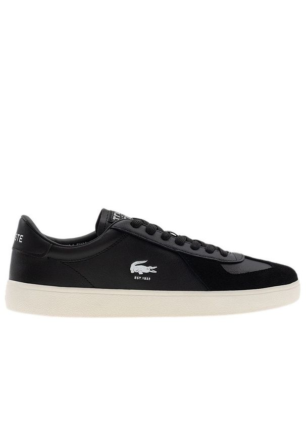 Buty Lacoste Baseshot Pro 125 3 SMA 749SMA0063-454 - czarne. Okazja: na co dzień. Zapięcie: sznurówki. Kolor: czarny. Materiał: skóra, guma, zamsz. Szerokość cholewki: normalna. Wzór: aplikacja