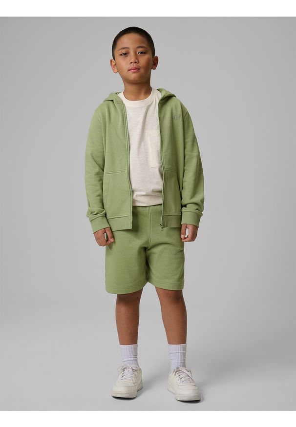 4f - 4F Bluza dresowa regular z kapturem chłopięca - zielona 134 (8-9 lat). Okazja: na spacer, na co dzień, na uczelnię. Typ kołnierza: kaptur. Kolor: zielony. Materiał: dresówka. Sezon: lato. Styl: casual, klasyczny