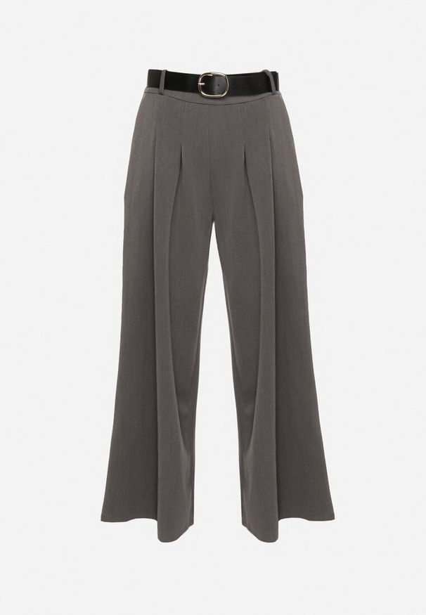 Born2be - Szare Garniturowe Spodnie z Wiskozą o Szerokim Kroju z Paskiem Ravilis. Okazja: na spotkanie biznesowe, do pracy. Stan: podwyższony. Kolor: szary. Materiał: wiskoza. Styl: elegancki, biznesowy