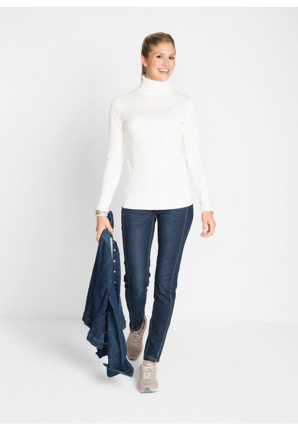 bonprix - Sweter basic z golfem. Typ kołnierza: golf. Kolor: biały. Wzór: prążki