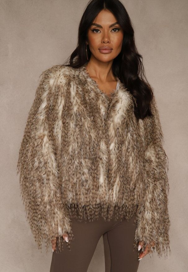 Renee - Brązowa Kurtka Futerko Ozdobione Cieniowaniem Tusirra. Kolekcja: plus size. Kolor: brązowy. Materiał: futro. Wzór: aplikacja. Styl: elegancki