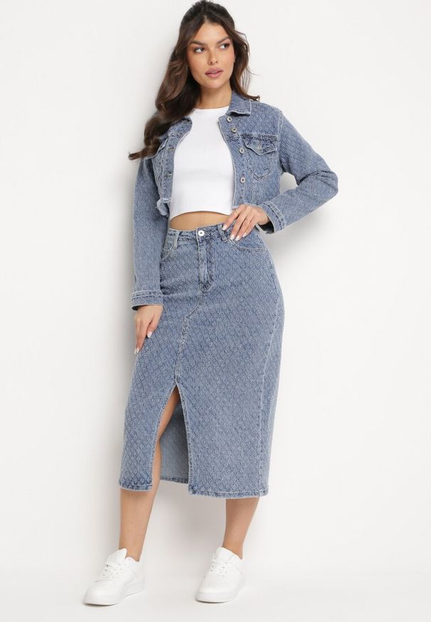 Born2be - Granatowa Spódnica Jeansowa Midi Ołówkowa z Rozcięciem Ezorica. Kolor: niebieski. Materiał: jeans