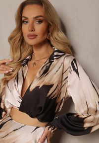 Renee - Czarno-Beżowy Dwuczęściowy Komplet Krótka Koszula z Gumką i Dekoltem Spódnica z Gumką w Talii Zeta. Kolor: czarny. Materiał: tkanina