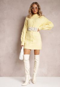 Renee - Żółty Długi Sweter o Luźnym Kroju z Warkoczykowym Splotem Penerria. Kolor: żółty. Długość: długie. Wzór: ze splotem. Sezon: jesień, zima #3