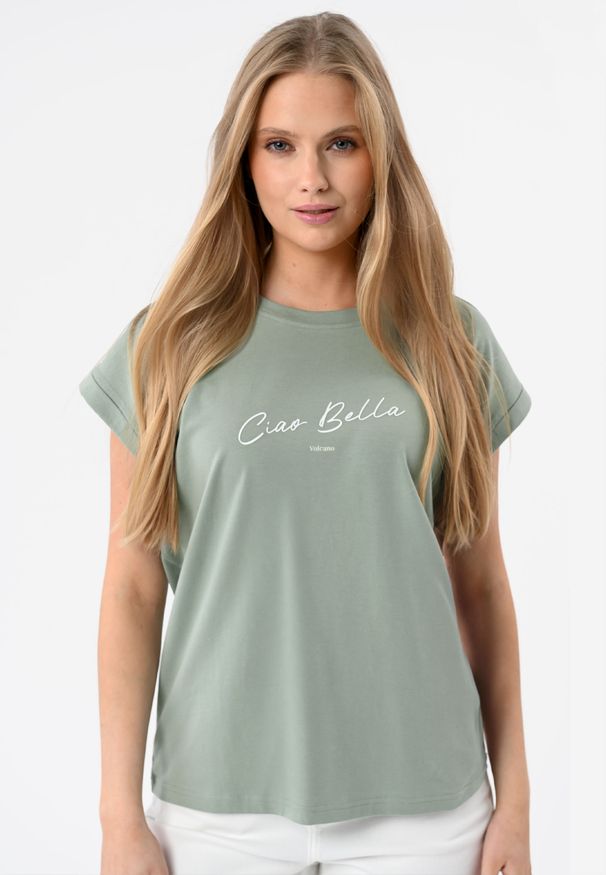 Volcano - Koszulka z napisem, Comfort Fit, T-CIA. Kolor: miętowy. Materiał: elastan, bawełna. Długość rękawa: krótki rękaw. Długość: krótkie. Wzór: napisy. Sezon: wiosna, lato. Styl: wakacyjny