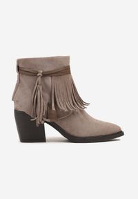 Born2be - Beżowe Botki Typu Kowbojki na Stożkowym Obcasie z Frędzlami Omvila. Okazja: na co dzień. Kolor: beżowy. Materiał: kaszmir, jeans. Obcas: na obcasie. Styl: casual. Wysokość obcasa: średni #6