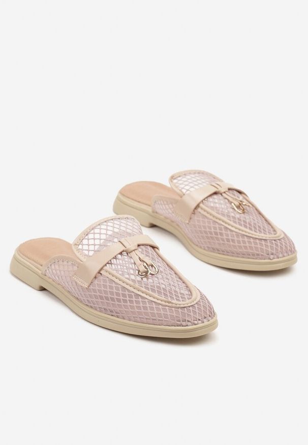 Born2be - Ciemnobeżowe Klapki Mule z Transparentnej Siateczki Zdobione Aplikacją Teloviela. Okazja: na co dzień. Kolor: beżowy. Wzór: aplikacja. Styl: casual