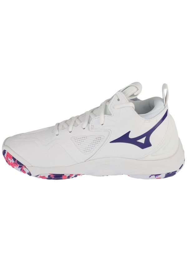Mizuno - Buty do siatkówki damskie, Wave Momentum 3 Mid. Kolor: biały. Materiał: guma, skóra, tkanina, materiał, syntetyk. Model: Mizuno Wave. Sport: siatkówka
