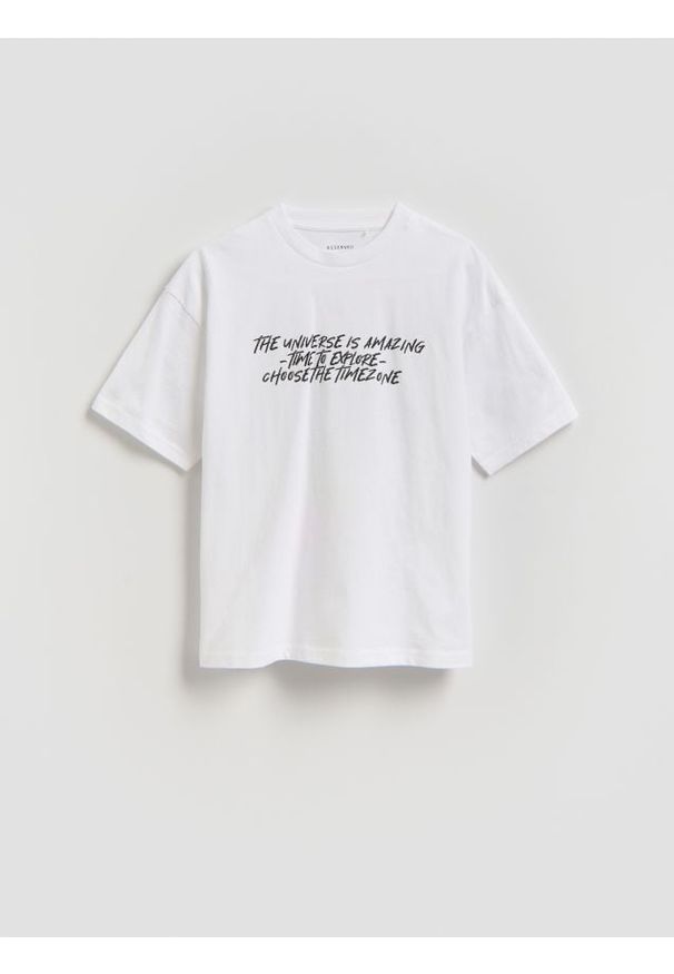 Reserved - Bawełniany t-shirt - złamana biel. Materiał: bawełna