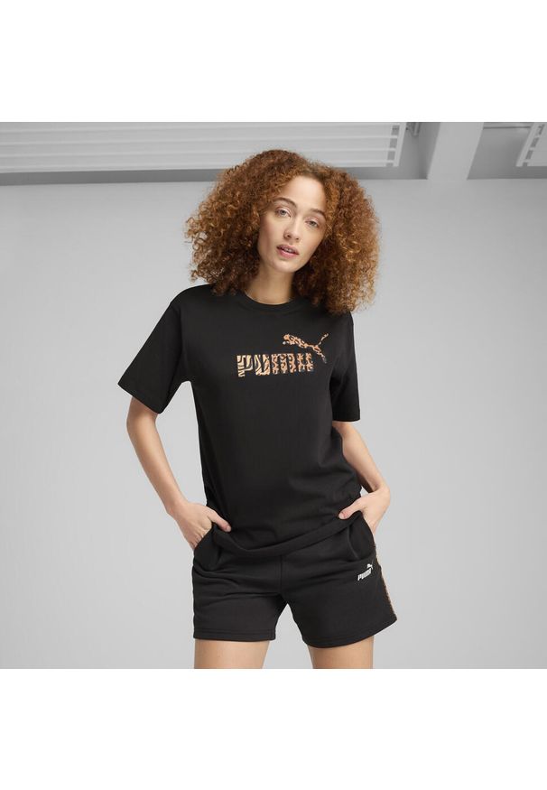 Puma - Damska koszulka o luźnym kroju Essentials ze zwierzęcym nadrukiem PUMA Black. Kolor: czarny. Materiał: guma. Wzór: motyw zwierzęcy, nadruk. Sport: fitness