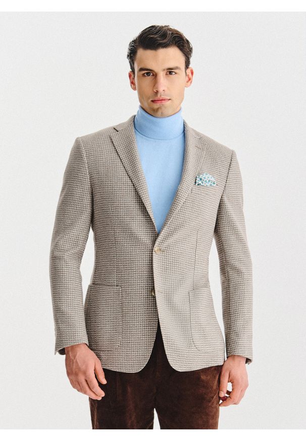 Pako Lorente - PAKO LORENTE - Jasnobrązowa marynarka w drobną kartkę. Okazja: na co dzień. Kolor: brązowy. Materiał: wełna, poliester. Wzór: kratka. Styl: casual