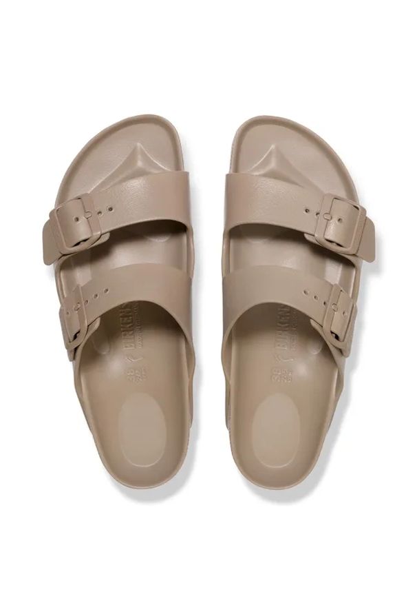 Klapki damskie Birkenstock Arizona EVA Gray Taupe. Okazja: na co dzień, na plażę. Kolor: brązowy. Materiał: materiał. Wzór: paski. Sezon: lato. Styl: casual, klasyczny