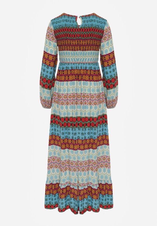 Born2be - Niebiesko-Czerwona Sukienka Maxi z Marszczoną Górą i Długim Rękawem Haari. Kolor: niebieski. Długość rękawa: długi rękaw. Sezon: jesień, wiosna. Długość: maxi