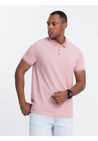 Ombre Clothing - Melanżowa koszulka męska polo z kołnierzykiem w paski – różowa V2. Okazja: na co dzień. Typ kołnierza: polo. Kolor: różowy. Materiał: bawełna. Wzór: melanż, paski. Styl: sportowy, casual #8